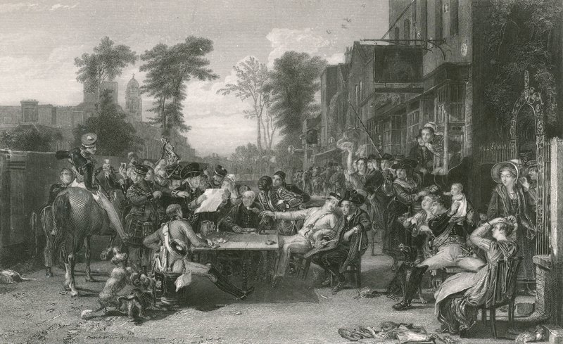 Chelsea-pensjonister leser bladet om slaget ved Waterloo (gravering) av David (after) Wilkie