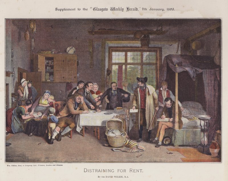 Distraining for Rent (farge litho) av David (after) Wilkie