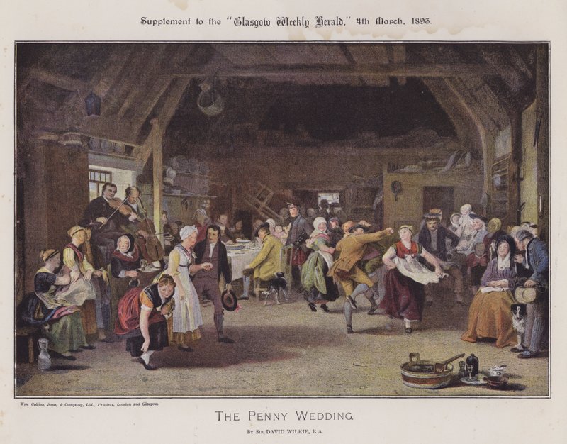 The Penny Wedding (farge litho) av David (after) Wilkie