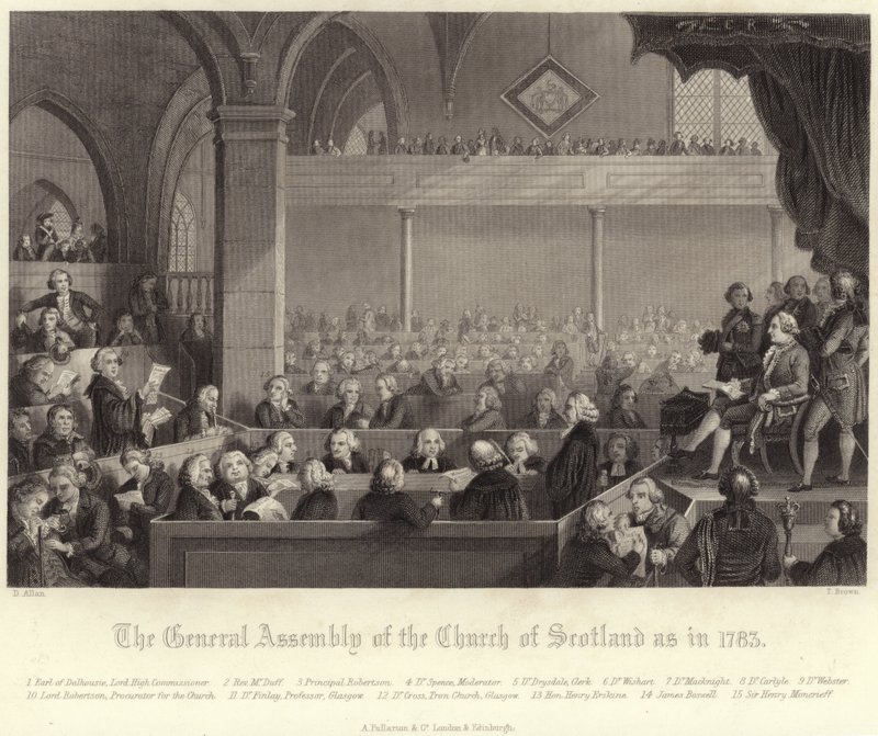 Generalforsamling for Church of Scotland som i 1783 av David Allan