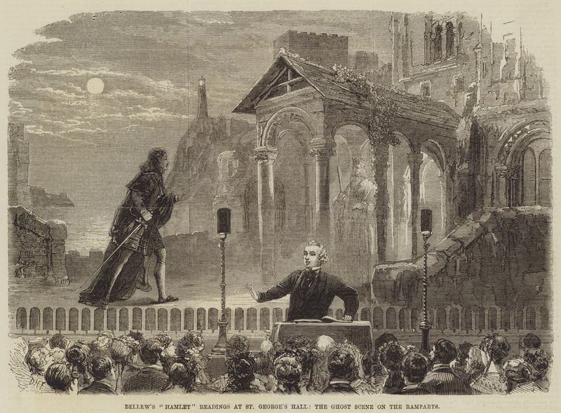 Bellews Hamlet-avlesninger ved St Georges Hall, spøkelsesscenen på vollene av David Henry Friston