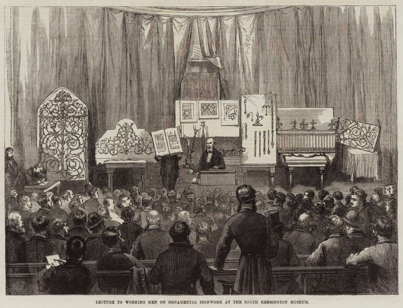 Foredrag til arbeidere om dekorativt jernarbeid ved South Kensington Museum av David Henry Friston