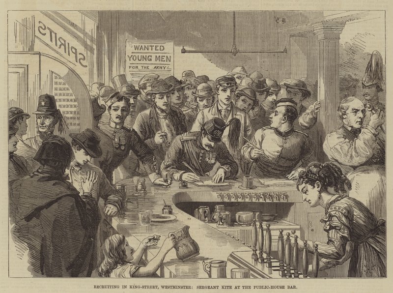 Rekruttering i King-Street, Westminster, sersjant Kite i Public-House Bar av David Henry Friston