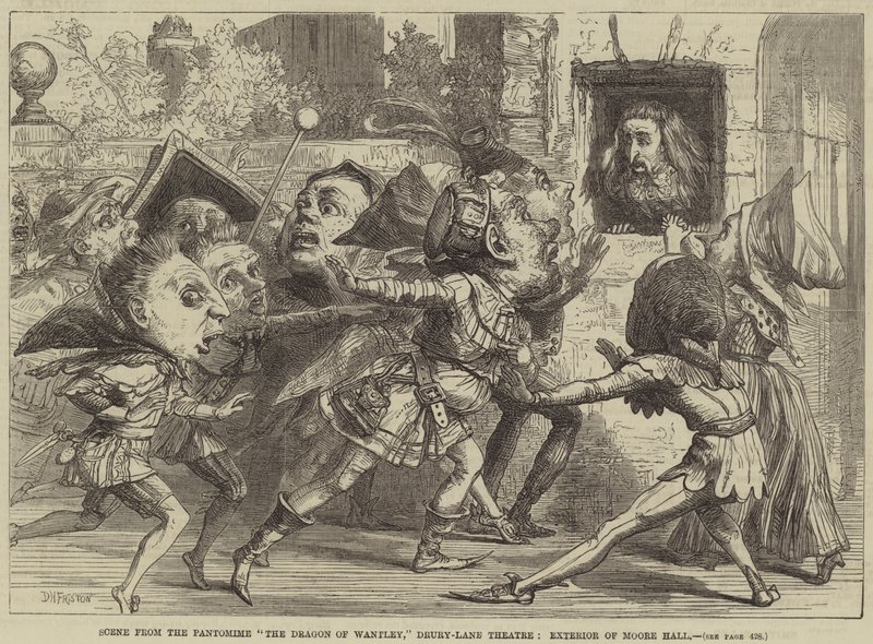 Scene fra Pantomime The Dragon of Wantley, Drury-Lane Theatre, Exterior of Moore Hall av David Henry Friston