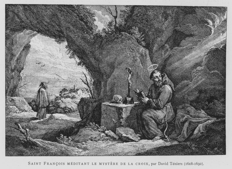 St Francis mediterer over korsets mysterium (litho) av David the Younger (after) Teniers