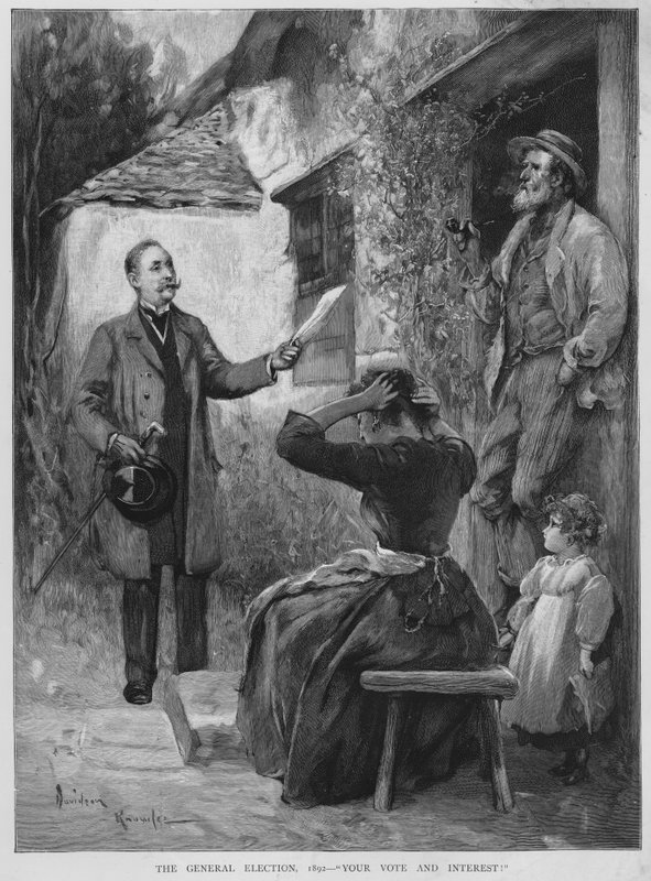 Søke etter stemmer under den britiske valgkampen i 1892 (litho) av Davidson Knowles