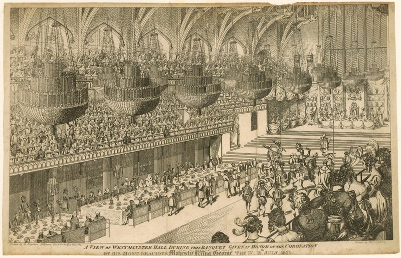 En utsikt over Westminster Hall under banketten gitt til ære for kroningen av kong George IV av Denis Dighton