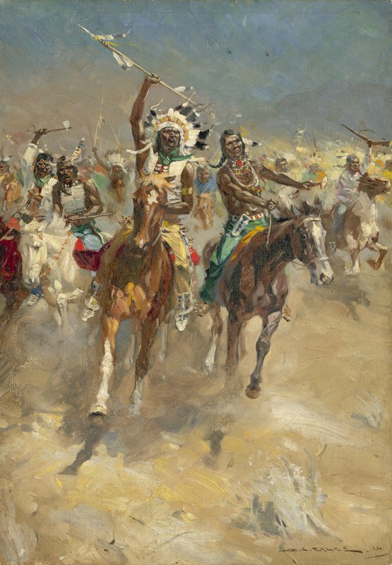 Angrep på indianere på hesteryggen (gouache på papir) av Derek Charles Eyles