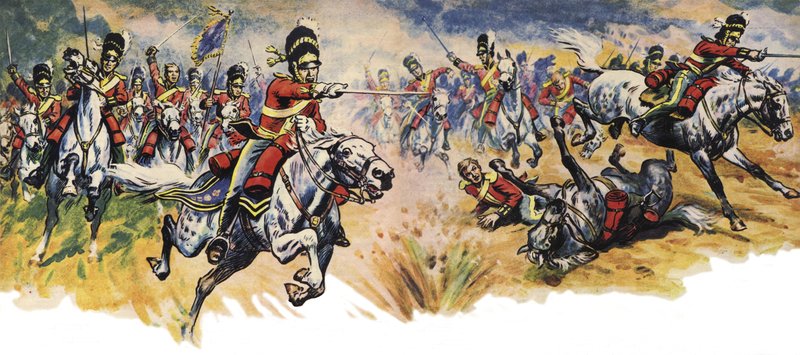 «Into Them, Greys!» Angrepet fra Unionens (kavaleri)brigade i slaget ved Waterloo (fargelitografi) av Derek Charles Eyles