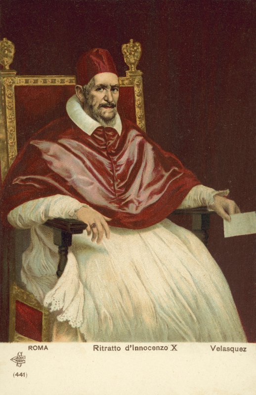 Portrett av pave Innocent X (farge litho) av Diego Rodriguez de Silva y (after) Velazquez