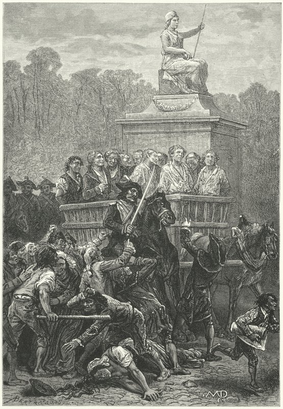 En tumbril full av fanger på vei til guiilotinen, den franske revolusjonen (gravering) av Diogene Ulysse Napoleon Maillart
