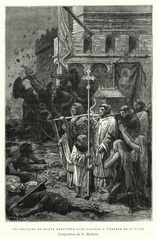 Relikviene til Saint Genevieve bæres ved inngangen til byen (gravering) av Diogene Ulysse Napoleon Maillart