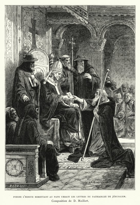 Eremitten Peter leverer til pave Urban brevene til patriarken av Jerusalem (gravering) av Diogene Ulysse Napoleon Maillart