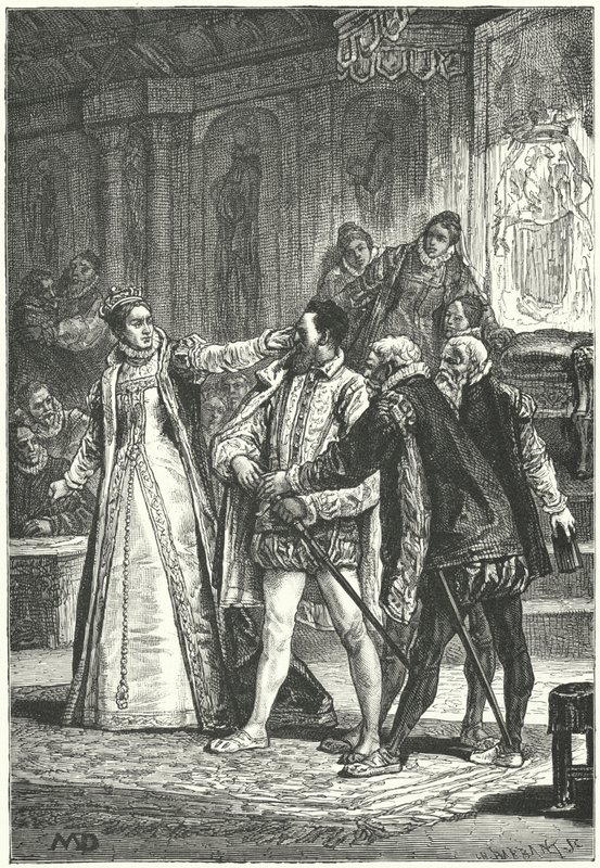 Jarlen av Essex truet med å trekke sverdet sitt etter at dronning Elizabeth I la ham i håndjern rundt øret for hans uforskammethet, 1598 av Diogene Ulysse Napoleon Maillart