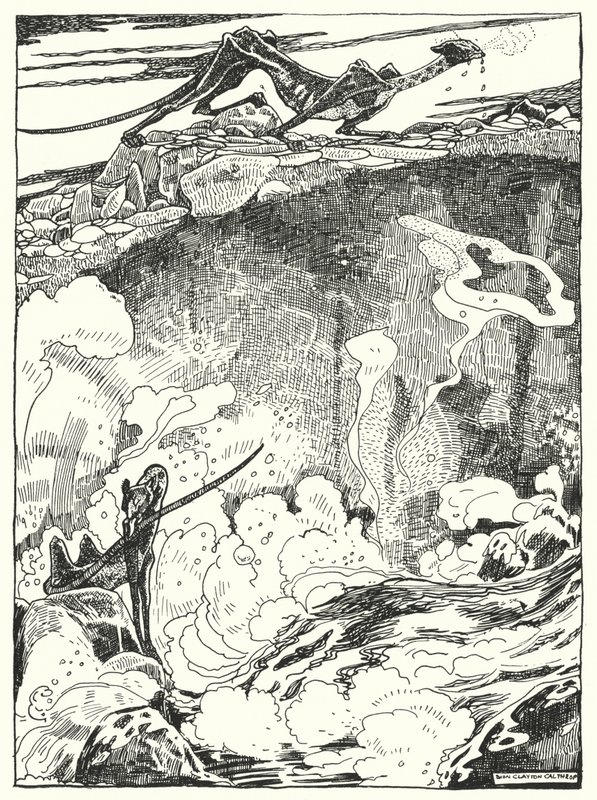 "Vi så dragevalpene gå ned til bassenget for å drikke og rense seg" (gravering) av Dion Clayton Calthrop