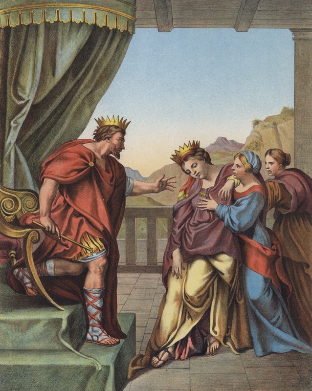 Kong Ahasverus lover Ester at han vil gi alt hun ber om (farge litho) av Domenichino