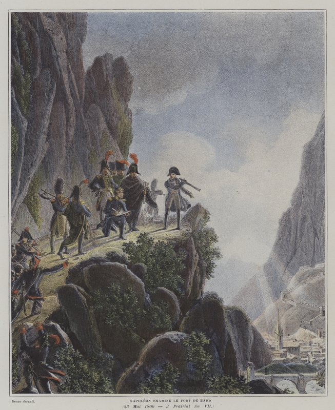 Napoleon undersøker Fort Bard, Italia, 23. mai 1800 (farge litho) av Dominique Vivant (after) Denon
