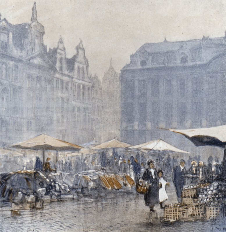 Brussel tidlig om morgenen (farge litho) av Donald (after) Maxwell