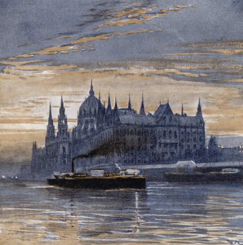 Buda-pest og dets parlamentshus (farge litho) av Donald (after) Maxwell
