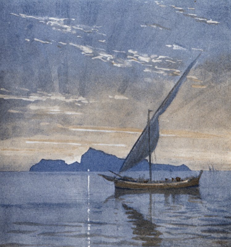 Capri fra havet (farge litho) av Donald (after) Maxwell
