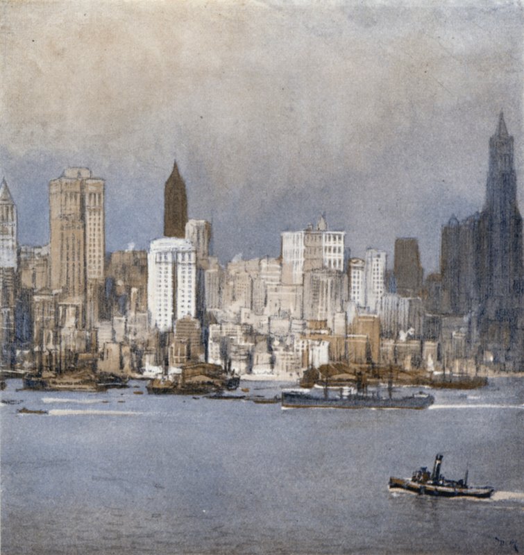 New York fra bukten (farge litho) av Donald (after) Maxwell