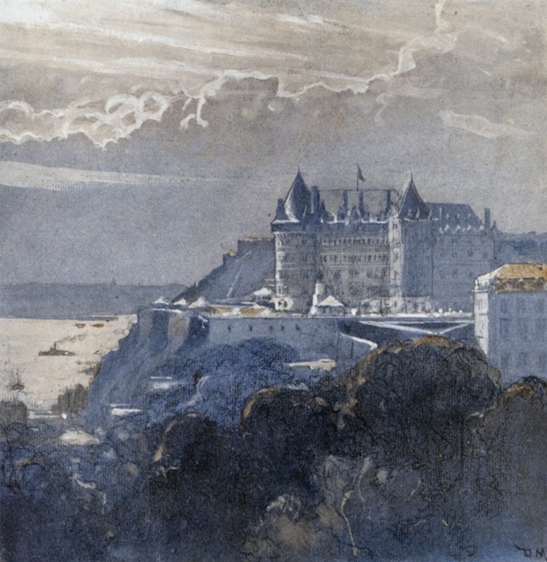 Quebec og Chateau Frontenac (farge litho) av Donald (after) Maxwell