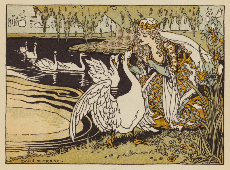 De seks svanene , tysk eventyr (farge litho) av Donn P. Crane