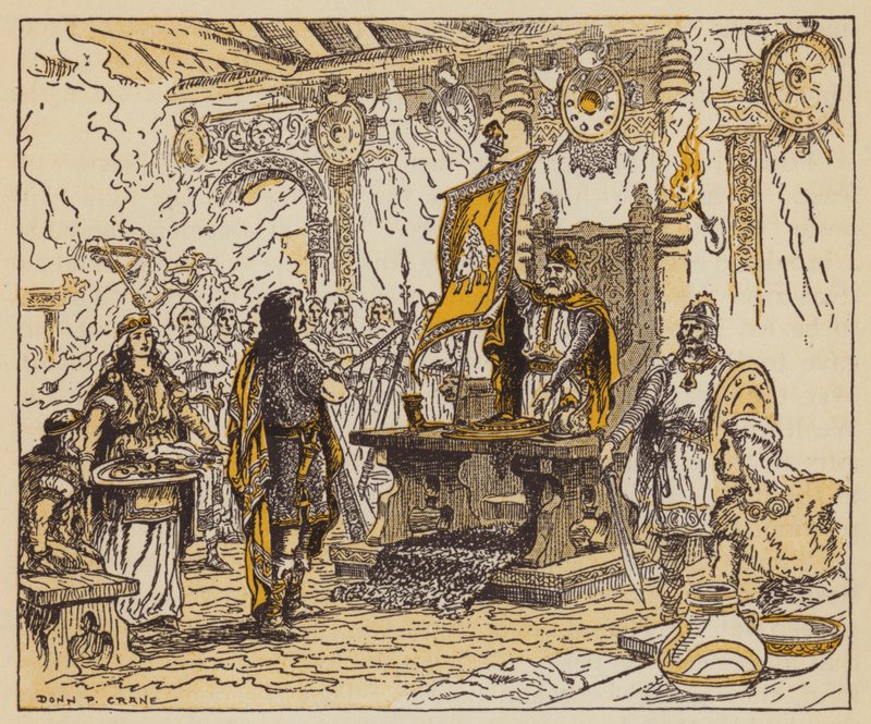 Kongen belønner Beowulf (farge litho) av Donn P. Crane