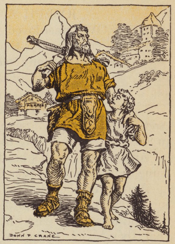 William Tell og sønnen hans (farge litho) av Donn P. Crane