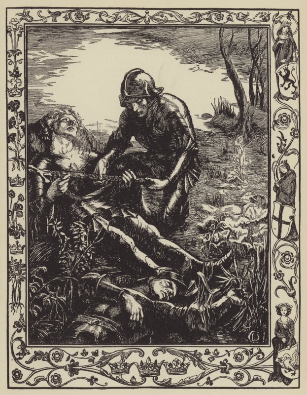 Arthur gir Excalibur til Sir Bedivere av Dora Curtis