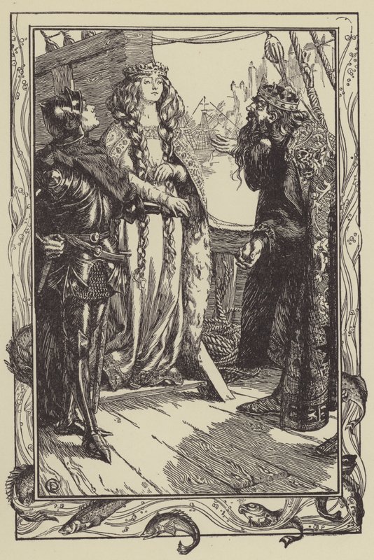 Kong Anguish gir Isolt til Sir Tristram (litho) av Dora Curtis