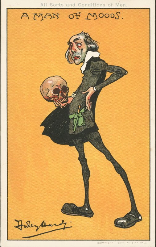 A Man of Moods: Shakespeares karakter, Hamlet, med hodeskallen til Yorick (farge litho) av Dudley Hardy