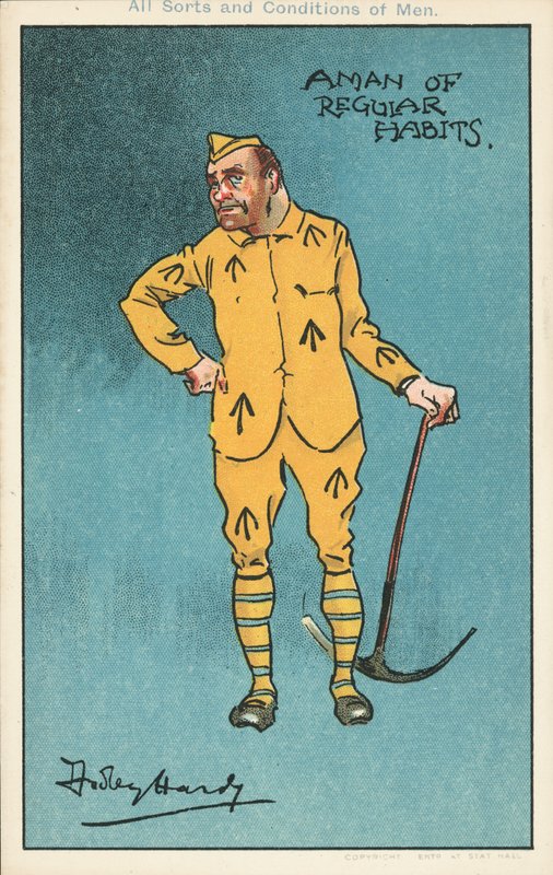 En mann med faste vaner: fange som holder en hakke (farge litho) av Dudley Hardy
