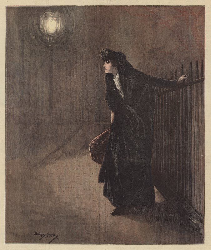 Carrie skalv da hun klamret seg til det rimfroste rekkverket (farge litho) av Dudley Hardy
