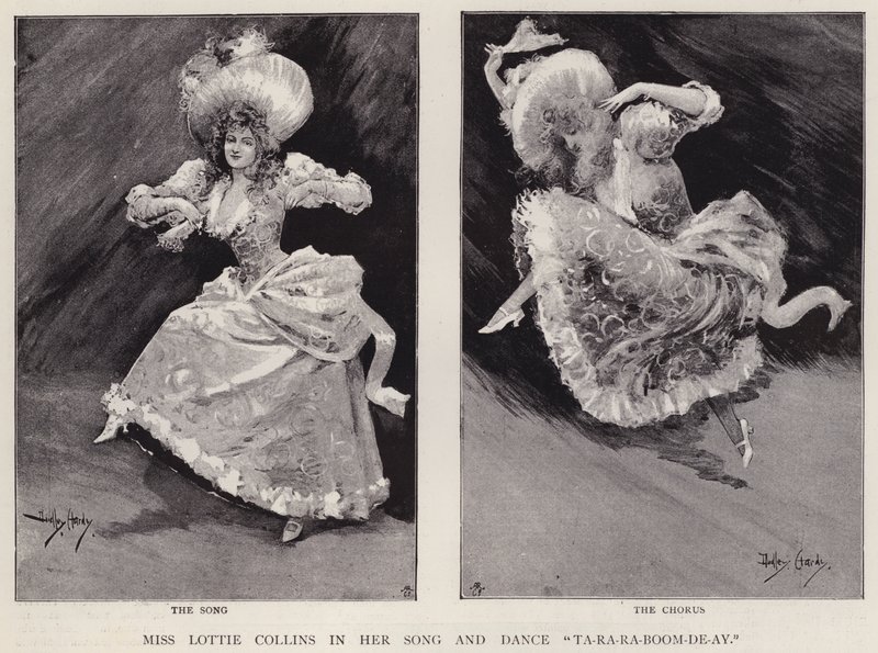 Den engelske musikksangeren og danseren Lottie Collins fremfører sin populære sang Ta-Ra-Ra-Boom-De-Ay (litho) av Dudley Hardy