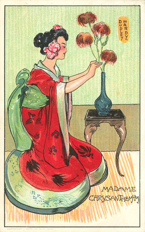 Madame Chrysanthemum, fra romanen av Pierre Loti (farge litho) av Dudley Hardy