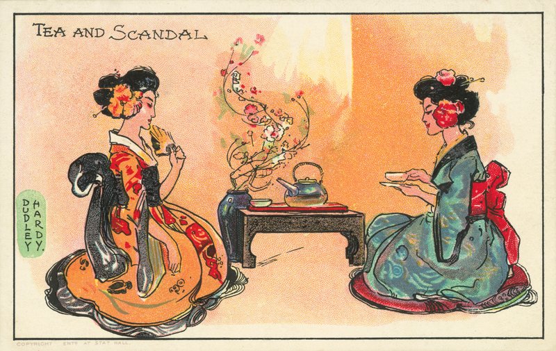 Te og skandale: to japanske kvinner drikker te (farge litho) av Dudley Hardy