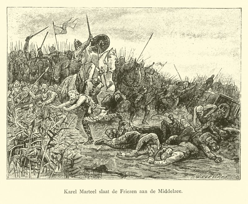 Charles Martel kjemper mot friserne på Middelzee av Dutch School
