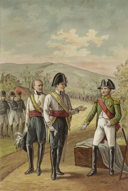 Møte mellom Napoleon og keiser Frans II av Østerrike etter slaget ved Austerlitz, 1805 av Dutch School