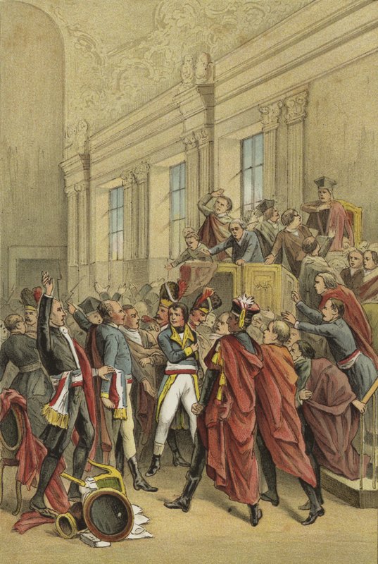 Napoleon kaster ut rådet av fem hundre fra sine kamre, kuppet av 18 Brumaire, 1799 av Dutch School