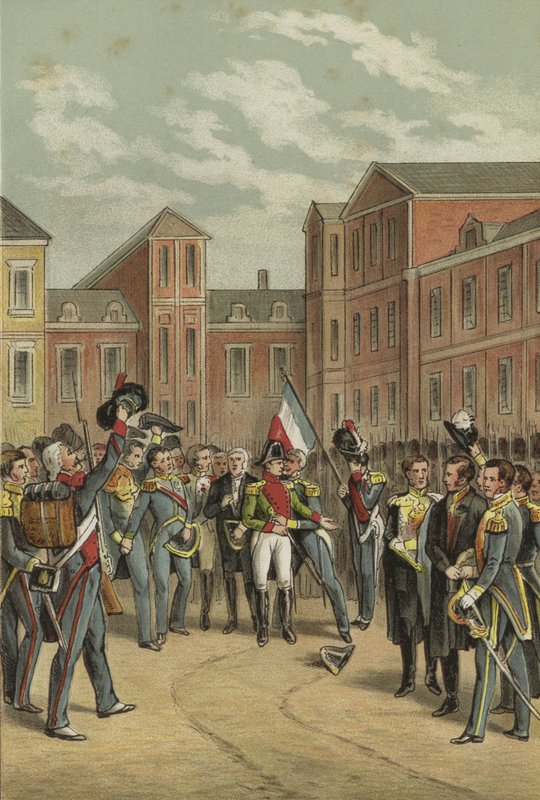 Napoleons farvel til den keiserlige garde i White Horse Courtyard i Fontainebleau-palasset, 1814 av Dutch School