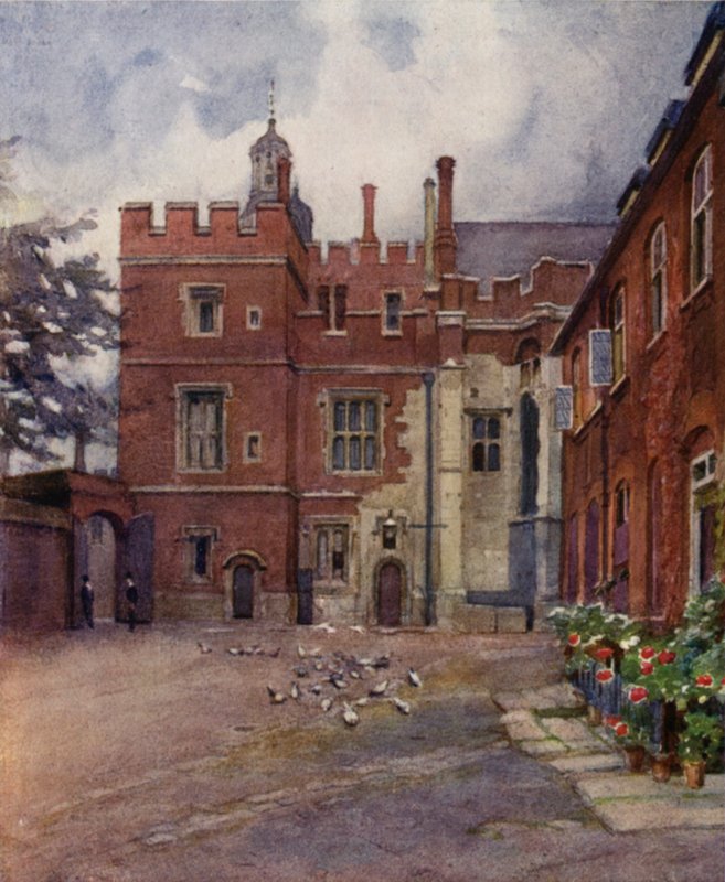 Eton: The Old Brewhouse Yard (farge litho) av E. D. Brinton