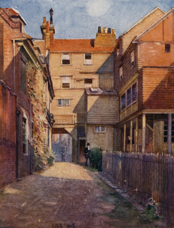 Eton: The Old Christopher Yard (litho-farge) av E. D. Brinton