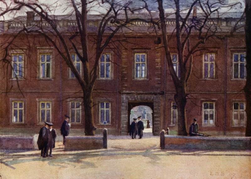 Eton: Upper School and Long Walk etter "Chambers" (farge litho) av E. D. Brinton
