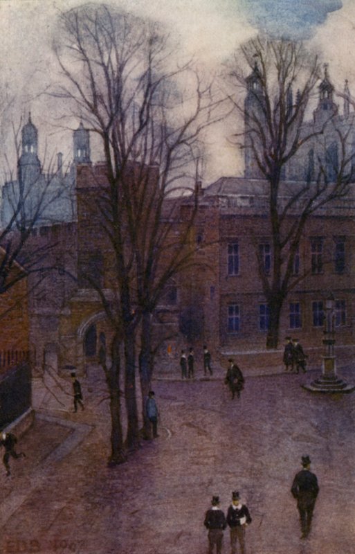 Eton: Upper School og Long Walk fra Common Lane House (farge litho) av E. D. Brinton