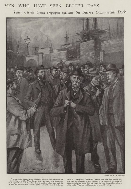 Menn som har sett bedre dager: regnskapsførere blir forlovet utenfor Surrey Commercial Dock, London (litho) av E. S. (after) Hodgson