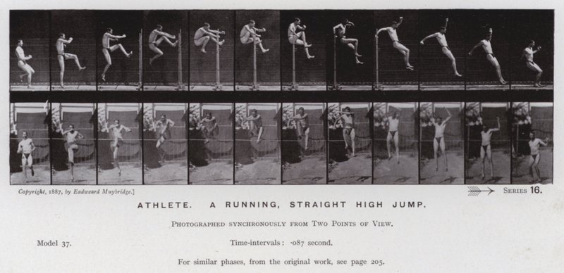 The Human Figure in Motion: Atlet, et løpende, rett høydehopp (s/hvitt-bilde) av Eadweard Muybridge