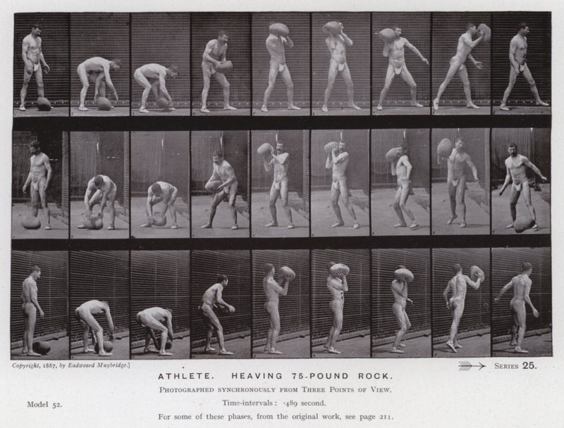 Den menneskelige figuren i bevegelse: idrettsutøver som løfter en stein på 75 pund av Eadweard Muybridge