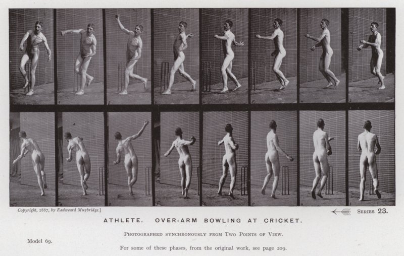 The Human Figure in Motion: Atlet, bowling over armen på cricket (s/hvitt-bilde) av Eadweard Muybridge