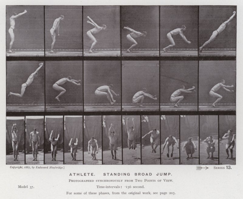Den menneskelige figuren i bevegelse: idrettsutøver, stående bredhopp (s/hvitt-bilde) av Eadweard Muybridge